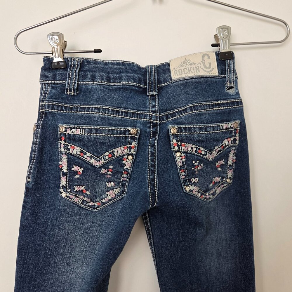Rockin G cowgirl Jeans Western Bootcut Girl 8- distressed at waist & loops